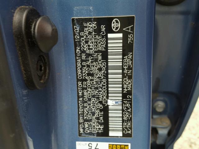 JTDKB20U087739051 - 2008 TOYOTA PRIUS BLUE photo 10