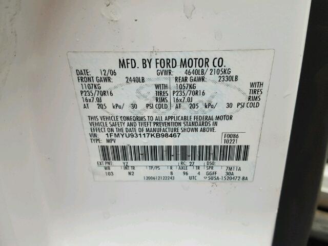 1FMYU93117KB98467 - 2007 FORD ESCAPE XLT WHITE photo 10