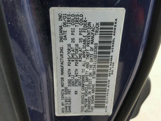 5TBRT34111S213369 - 2001 TOYOTA TUNDRA ACC PURPLE photo 10