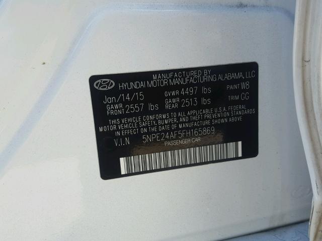 5NPE24AF5FH165869 - 2015 HYUNDAI SONATA SE WHITE photo 10