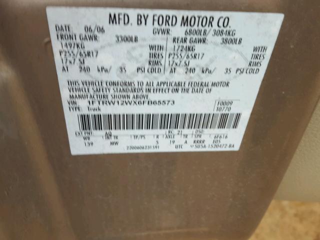 1FTRW12WX6FB65573 - 2006 FORD F150 SUPER TAN photo 10