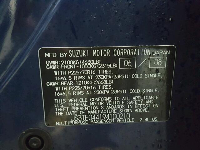 JS3TE044194100210 - 2009 SUZUKI GRAND VITA BLUE photo 10