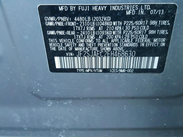 JF2SJAEC2EH468630 - 2014 SUBARU FORESTER 2 SILVER photo 10