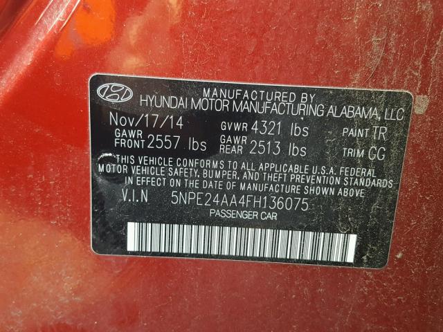 5NPE24AA4FH136075 - 2015 HYUNDAI SONATA ECO RED photo 10