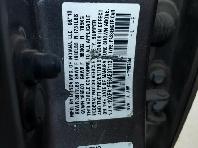 19XFA1F56AE071132 - 2010 HONDA CIVIC LX GRAY photo 10