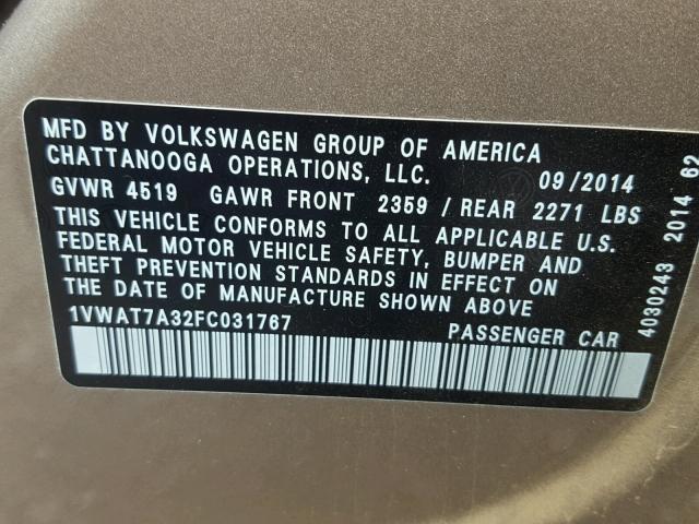 1VWAT7A32FC031767 - 2015 VOLKSWAGEN PASSAT S Ոսկեգույն լուսանկար 10