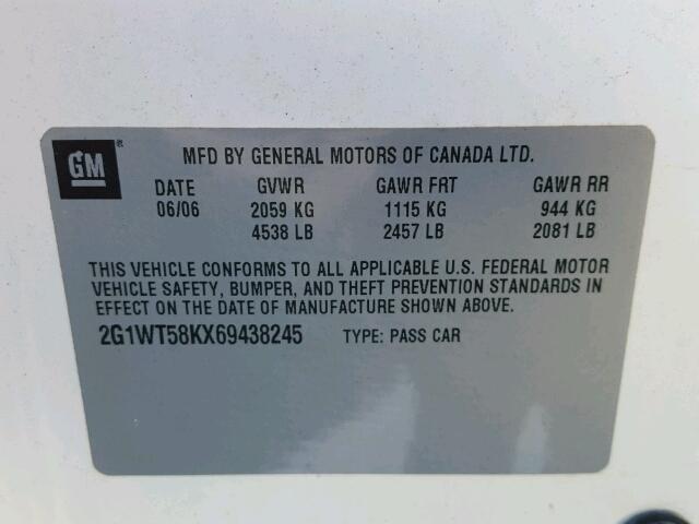 2G1WT58KX69438245 - 2006 CHEVROLET IMPALA LT WHITE photo 10