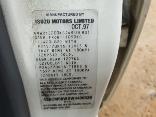 4S6CM58WXW4406539 - 1998 HONDA PASSPORT E WHITE photo 10