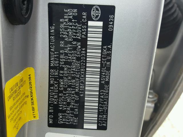 4T1BF3EKXBU220384 - 2011 TOYOTA CAMRY BASE SILVER photo 10