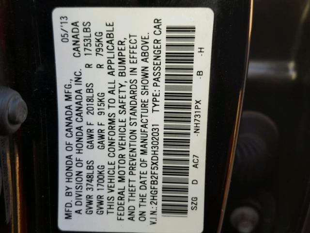 2HGFB2F5XDH302031 - 2013 HONDA CIVIC LX BLACK photo 10