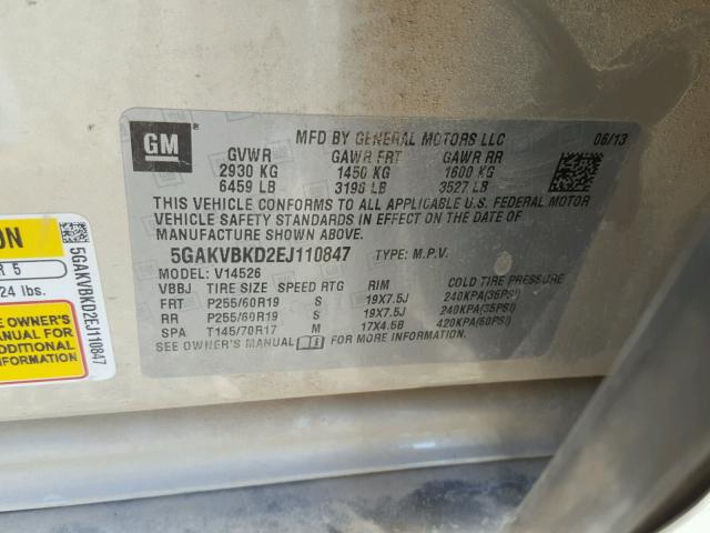 5GAKVBKD2EJ110847 - 2014 BUICK ENCLAVE TAN photo 10