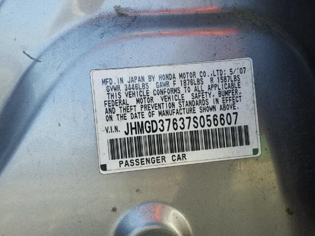 JHMGD37637S056607 - 2007 HONDA FIT S SILVER photo 10