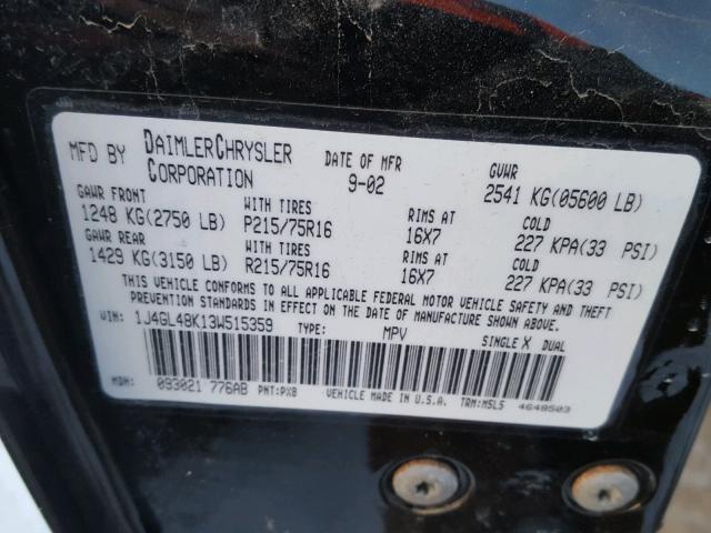 1J4GL48K13W515359 - 2003 JEEP LIBERTY SP BLACK photo 10