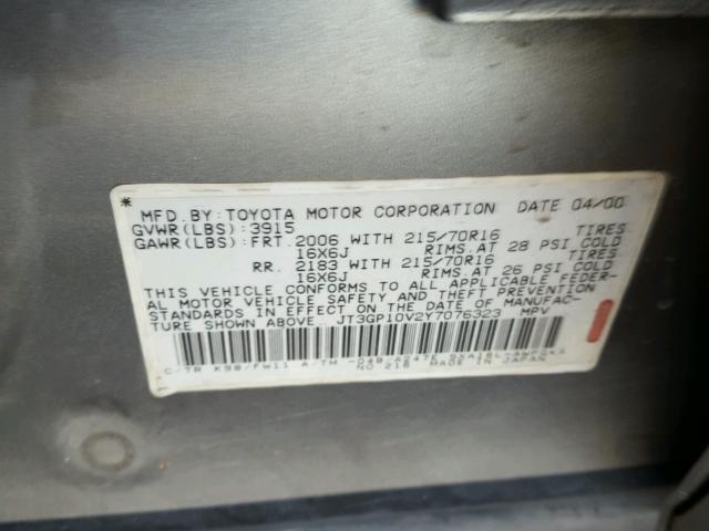 JT3GP10V2Y7076323 - 2000 TOYOTA RAV4 GRAY photo 10