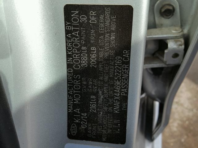 KNAFX4A69E5222169 - 2014 KIA FORTE LX SILVER photo 10