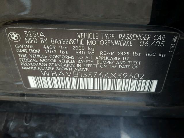 WBAVB13576KX39602 - 2006 BMW 325 I BLACK photo 10