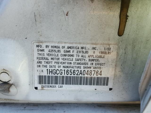 1HGCG16562A048764 - 2002 HONDA ACCORD EX WHITE photo 10