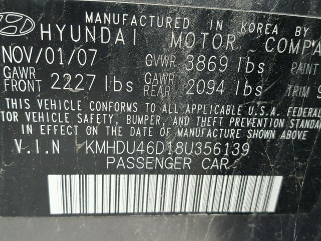 KMHDU46D18U356139 - 2008 HYUNDAI ELANTRA GL GRAY photo 10