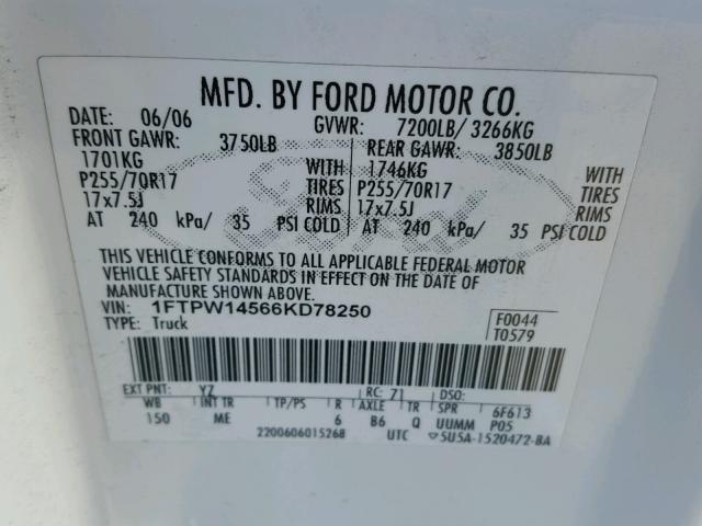 1FTPW14566KD78250 - 2006 FORD F150 SUPER WHITE photo 10