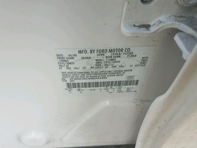 2FMDK39C89BA93495 - 2009 FORD EDGE LIMIT WHITE photo 10