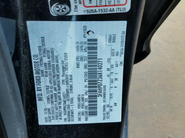 3FAHP07Z36R140271 - 2006 FORD FUSION SE BLACK photo 10