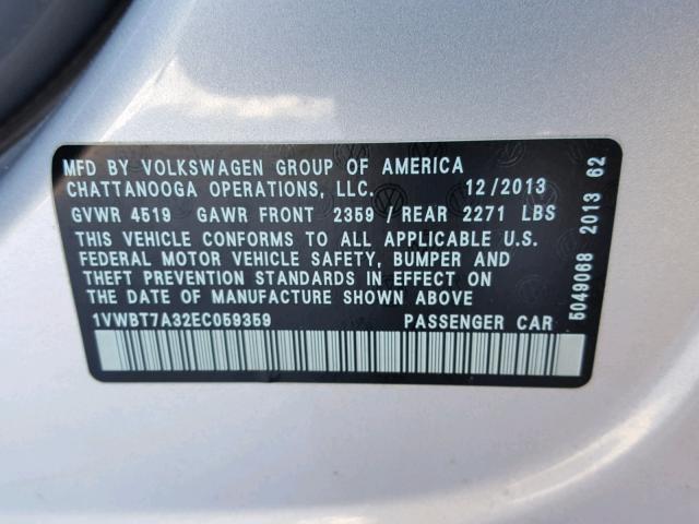 1VWBT7A32EC059359 - 2014 VOLKSWAGEN PASSAT SE SILVER photo 10