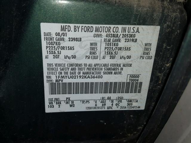 1FMYU02192KA36480 - 2002 FORD ESCAPE XLS GREEN photo 10