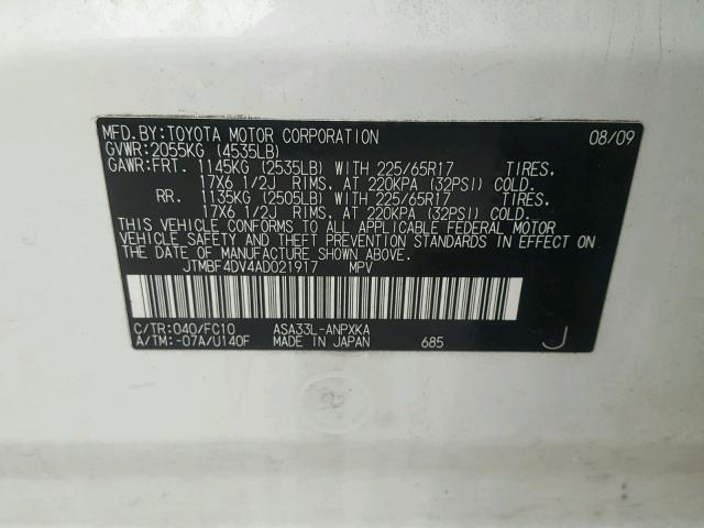 JTMBF4DV4AD021917 - 2010 TOYOTA RAV4 WHITE photo 10