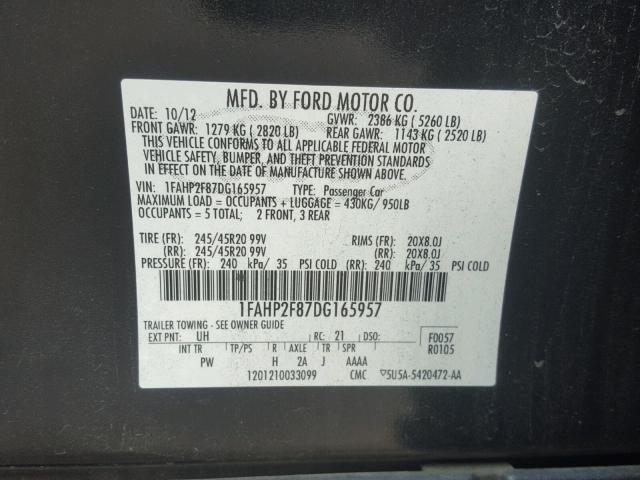 1FAHP2F87DG165957 - 2013 FORD TAURUS LIM BLACK photo 10