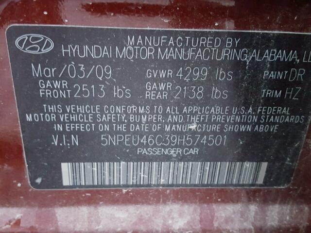 5NPEU46C39H574501 - 2009 HYUNDAI SONATA SE BURGUNDY photo 10