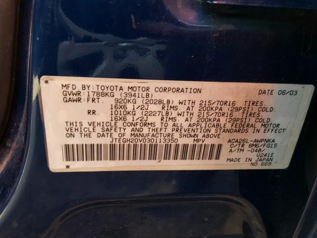 JTEGH20V030113350 - 2003 TOYOTA RAV4 BLUE photo 10