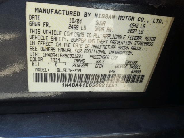 1N4BA41E65C821221 - 2005 NISSAN MAXIMA SE CHARCOAL photo 10