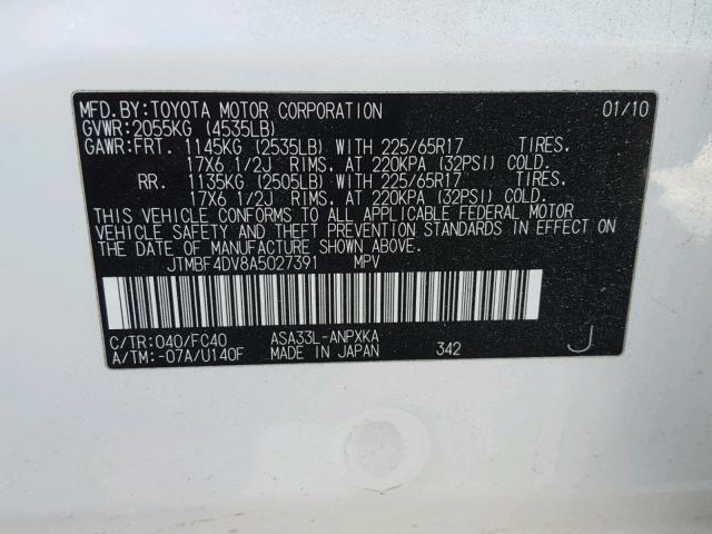 JTMBF4DV8A5027391 - 2010 TOYOTA RAV4 WHITE photo 10