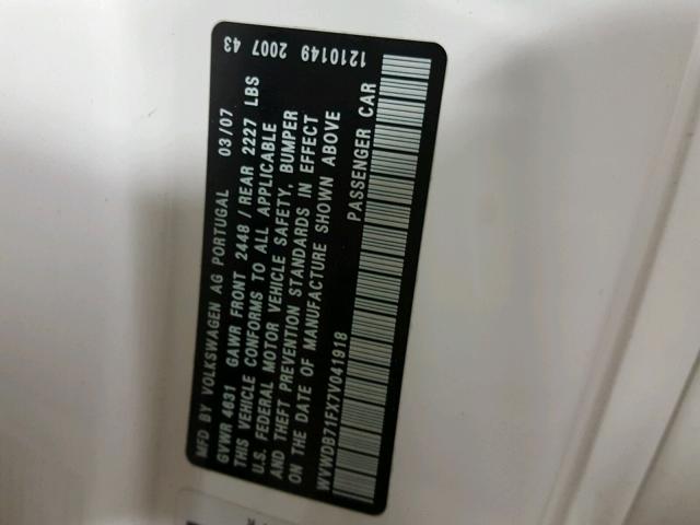 WVWDB71FX7V041918 - 2007 VOLKSWAGEN EOS 3.2L S WHITE photo 10