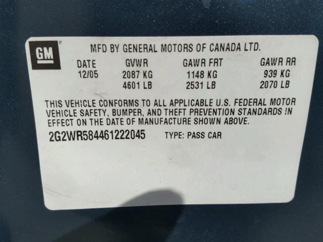 2G2WR584461222045 - 2006 PONTIAC GRAND PRIX Կապույտ լուսանկար 10