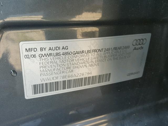 WAUDF78E66A226794 - 2006 AUDI A4 2.0T QU GRAY photo 10