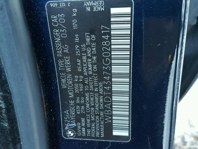 WBADT43473G028417 - 2003 BMW 525 I AUTO BLUE photo 10