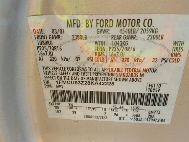 1FMCU93Z28KA42228 - 2008 FORD ESCAPE XLT SILVER photo 10