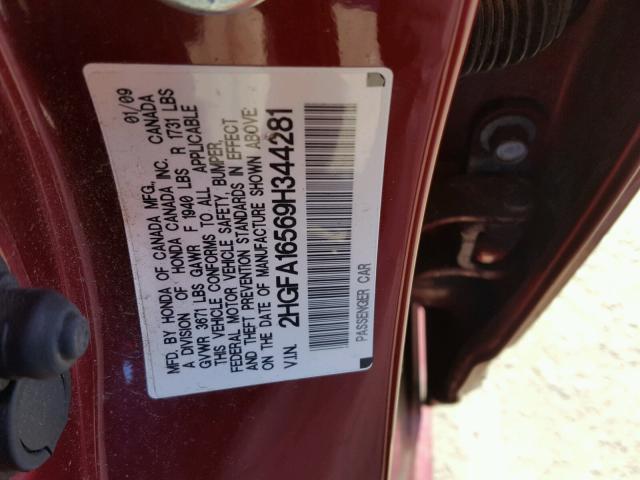 2HGFA16569H344281 - 2009 HONDA CIVIC LX RED photo 10