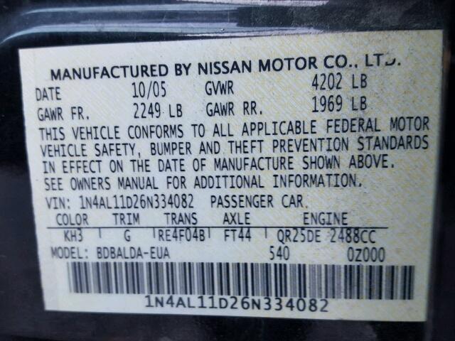 1N4AL11D26N334082 - 2006 NISSAN ALTIMA S BLACK photo 10