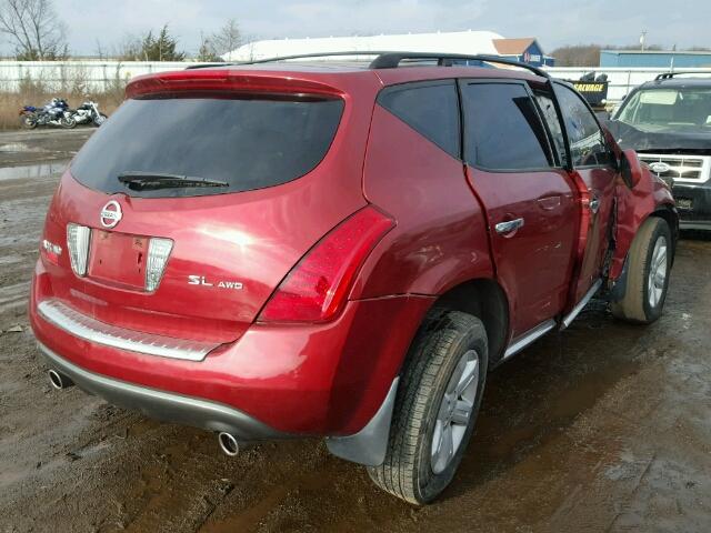 JN8AZ08WX7W660920 - 2007 NISSAN MURANO SL RED photo 4