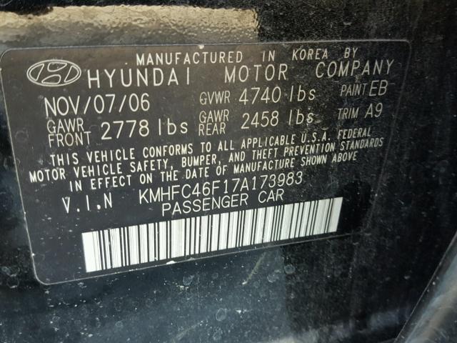 KMHFC46F17A173983 - 2007 HYUNDAI AZERA SE BLACK photo 10