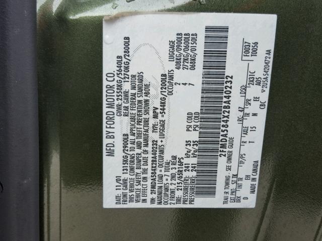 2FMDA584X2BA40232 - 2002 FORD WINDSTAR L GREEN photo 10