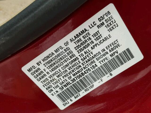 5FNRL38706B426184 - 2006 HONDA ODYSSEY EX RED photo 10