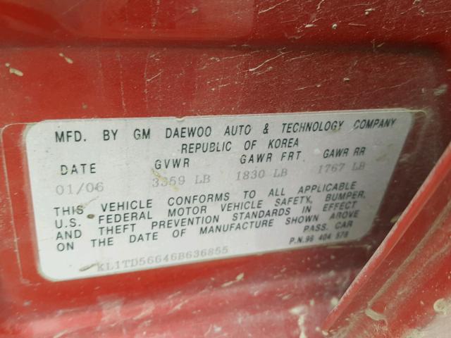 KL1TD56646B636855 - 2006 CHEVROLET AVEO BASE RED photo 10