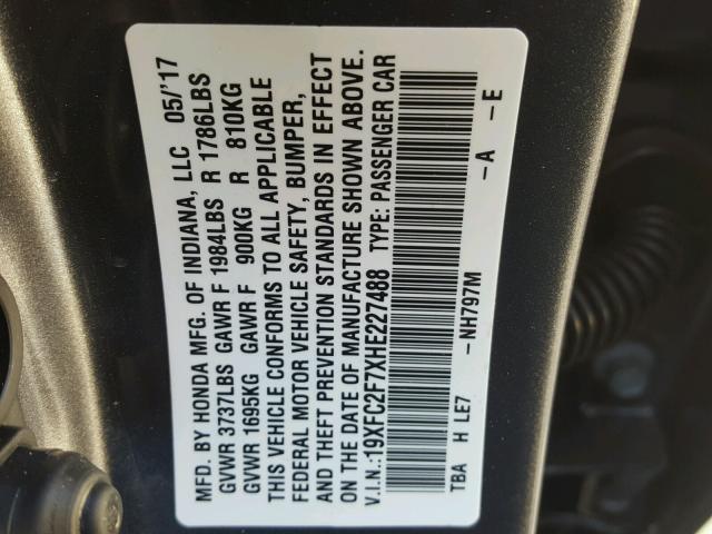 19XFC2F7XHE227488 - 2017 HONDA CIVIC EX GRAY photo 10