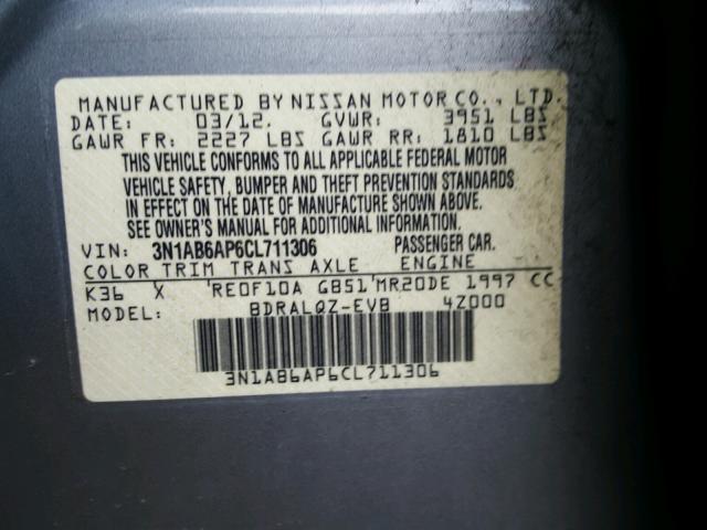 3N1AB6AP6CL711306 - 2012 NISSAN SENTRA 2.0 GRAY photo 10