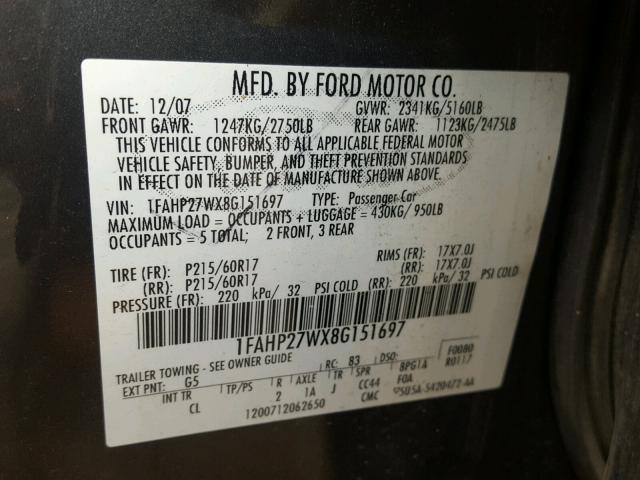 1FAHP27WX8G151697 - 2008 FORD TAURUS SEL GRAY photo 10