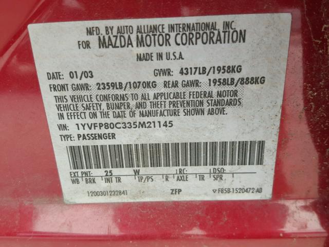 1YVFP80C335M21145 - 2003 MAZDA 6 I RED photo 10