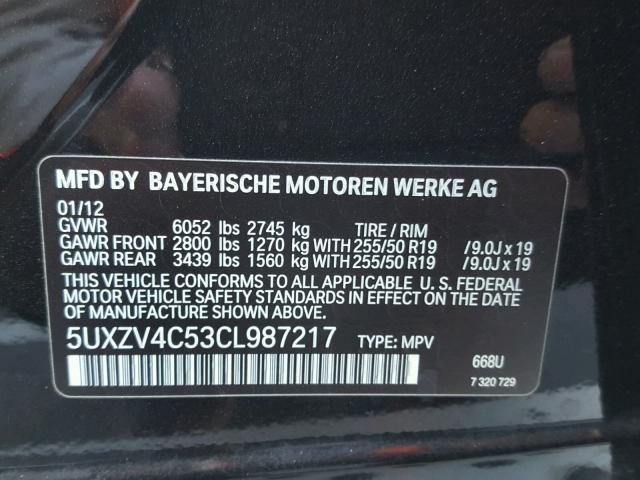 5UXZV4C53CL987217 - 2012 BMW X5 XDRIVE3 BLACK photo 10